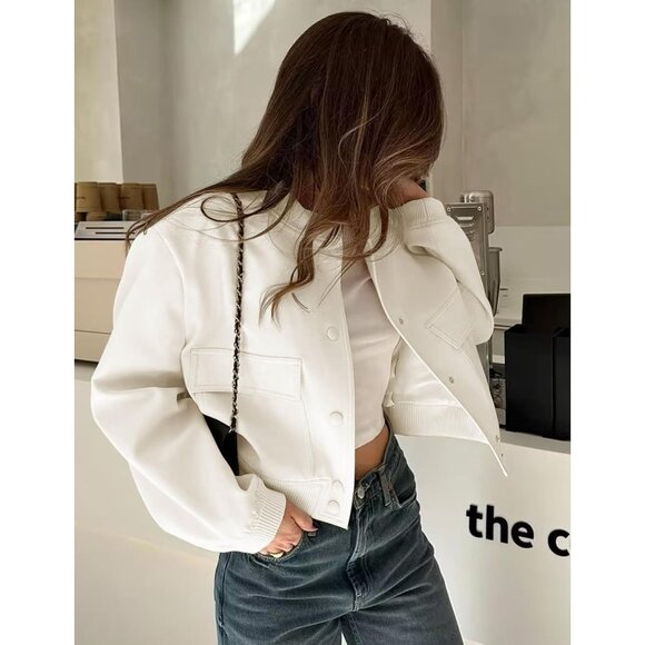 Women Beige Cropped Bomber Jacket Button Down Varsity Shacket with Pockets - Picture 4 of 5